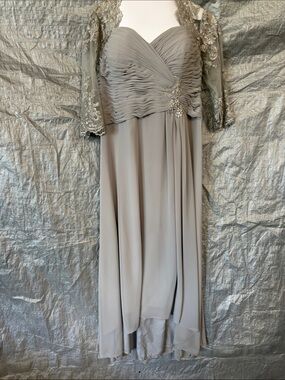 Azazie Strapless Chiffon Maxi Dress in Light Gray with Lace Bolero